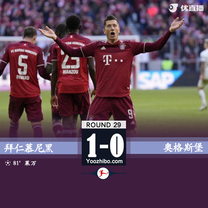 拜仁1-0奥格斯堡 莱万点射破门基米希远射中框