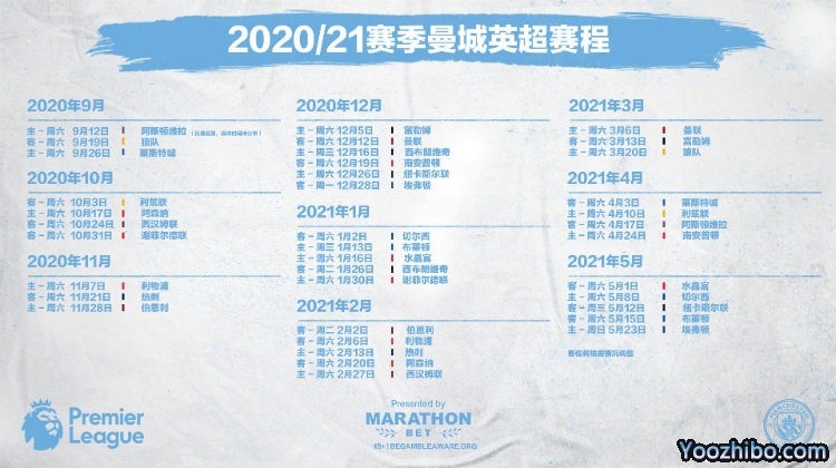 20/21赛季曼城赛程表出炉