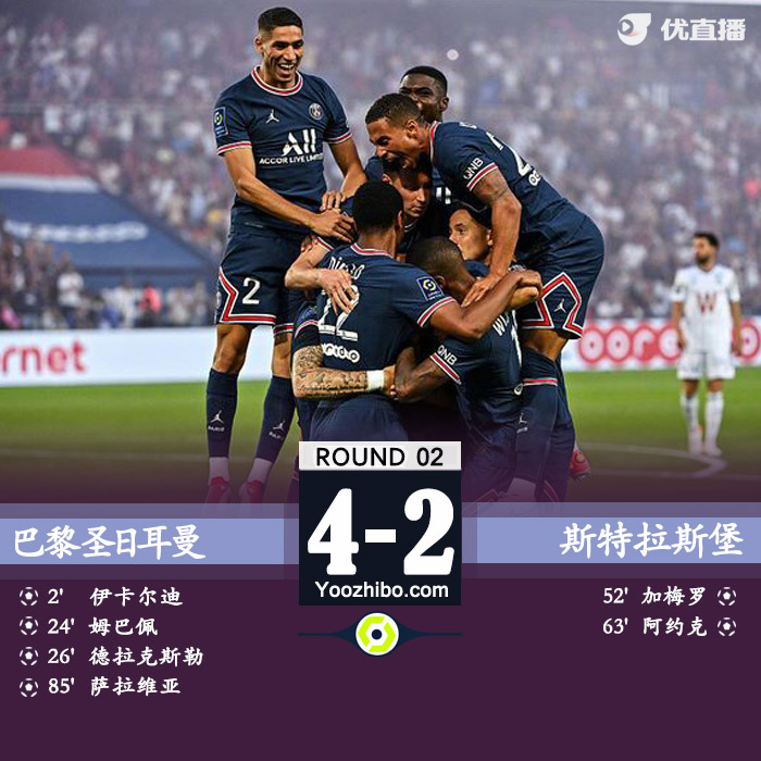 巴黎4-2斯特拉斯堡 姆巴佩小德传射二弟破门